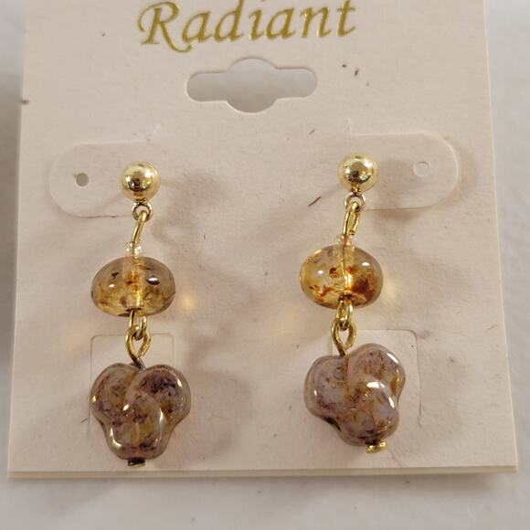 Radiant Earrings 2 Sets Drop Beads Amber Gold Tone Stud Pierced 1–1.5" Gift Bag - Picture 6 of 11